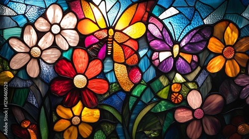 Colorful stained glass butterfly floral window art