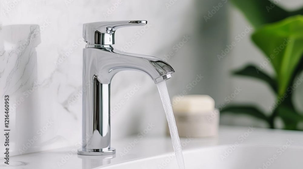 Tall chrome faucet with cascading water flow, set in a garden sink surrounded by greenery Tall chrome faucet with cascading water flow, set in a garden sink surrounded by greenery