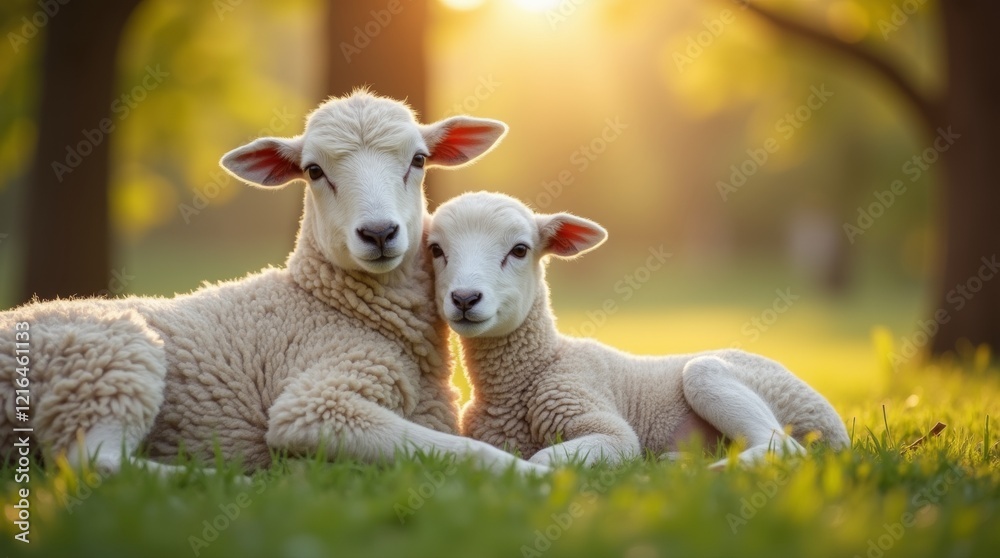 A serene image of a lamb resting beside its ewe in a tranquil meadow, showcasing the peaceful relationship between them. A serene image of a lamb resting beside its ewe in a tranquil meadow, showcasing the peaceful relationship between them.