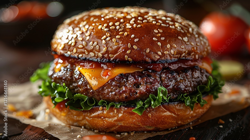 Burger close-up on a dark background Burger close-up on a dark background