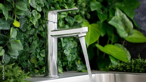 Tall chrome faucet with cascading water flow, set in a garden sink surrounded by greenery photo