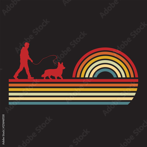 Pembroke Welsh Corgi Dog Silhouette with Retro Sunset Background
