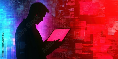Silhouette of a man using a laptop against a vibrant abstract digital background.