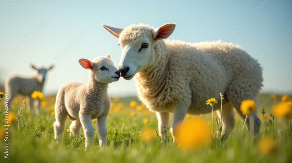 A tender moment captured of a lamb nuzzling against its ewe in a lush green pasture. A tender moment captured of a lamb nuzzling against its ewe in a lush green pasture.