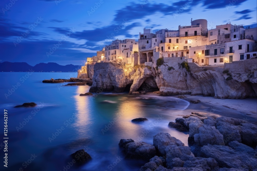 Twilight on the Adriatic: Exploring Puglia's Coastal Town of Vieste, Italy. Highlighting the city's bay, beach, and cathedral on its rocky cape Twilight on the Adriatic: Exploring Puglia's Coastal Town of Vieste, Italy. Highlighting the city's bay, beach, and cathedral on its rocky cape