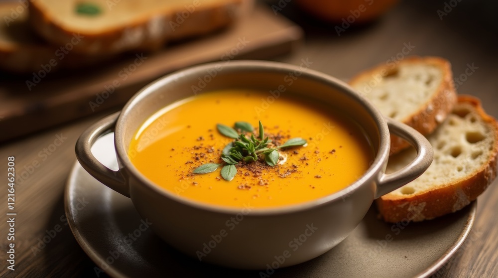 An elegant presentation of pumpkin soup in a stylish bowl, topped with a sprinkle of nutmeg and fresh herbs. An elegant presentation of pumpkin soup in a stylish bowl, topped with a sprinkle of nutmeg and fresh herbs.