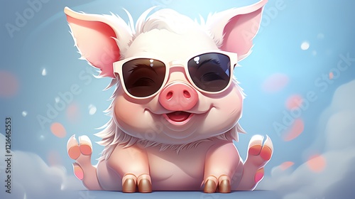 Cute pig wearing sunglasses and smiling happily.