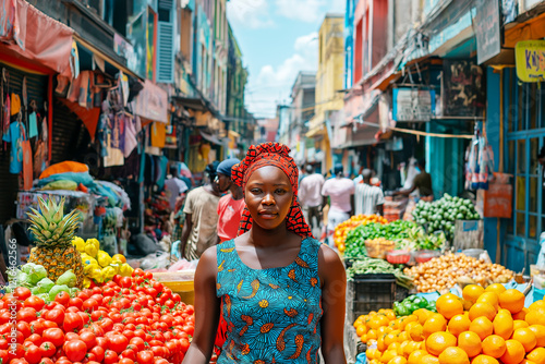 A vibrant African market scene with a confident woman in colorful traditional attire standing among fresh produce including tomatoes, oranges, and pineapples under the bright sun
