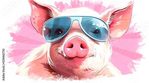 Stylish pig wearing sunglasses and smiling.