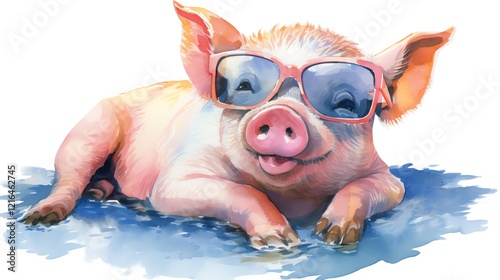 Cute pig relaxing with sunglasses on water.