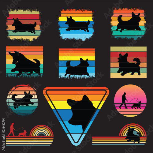 Set of Pembroke Welsh Corgi Dog Silhouette With sunset retro illustration Vector