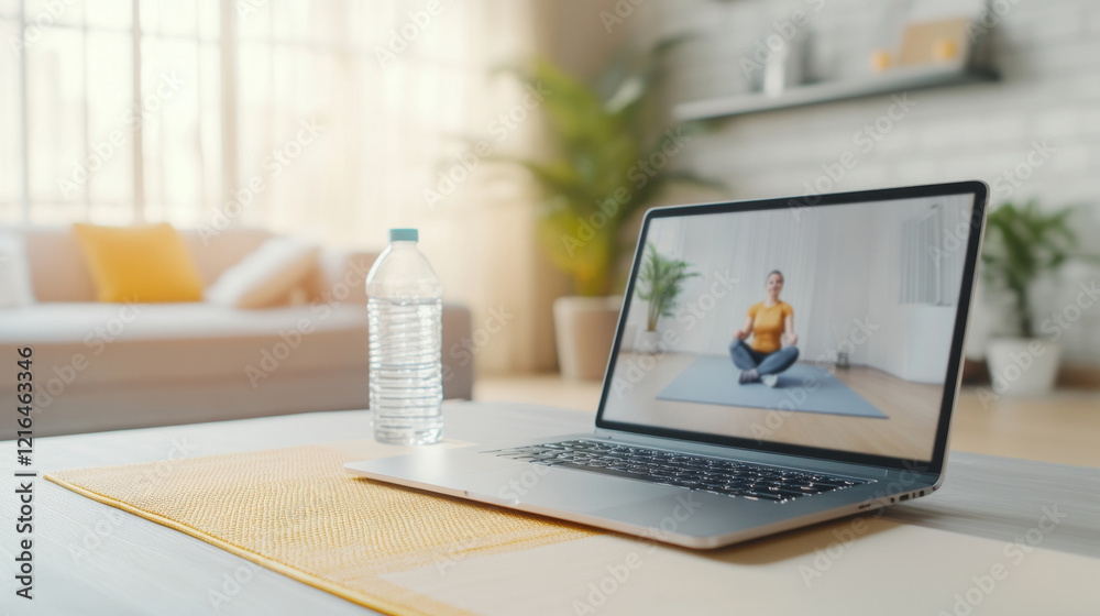 Naklejka premium Coach guides client through workout at home, utilizing a laptop for online training in a bright setting, remote personal training concept