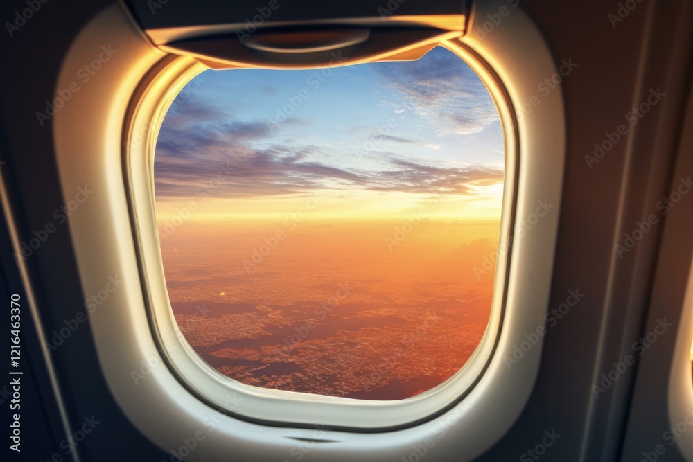 View the world through the airplane window: Aerial landscape, wing and sunlight with lens flare on ellipse window View the world through the airplane window: Aerial landscape, wing and sunlight with lens flare on ellipse window