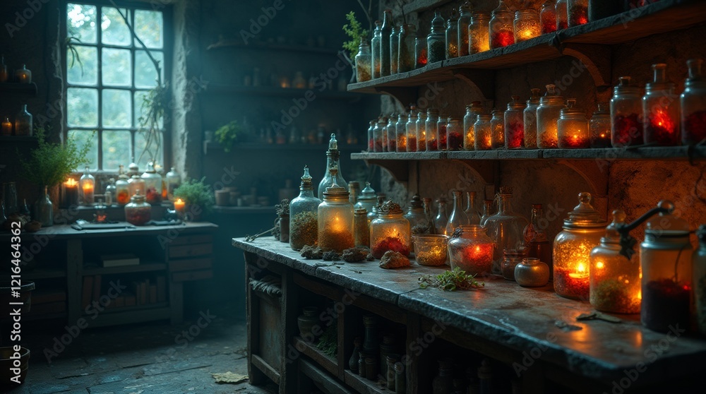 Inside a dark, mystical potion lab of an old witch, shelves are lined with strange, glowing jars filled with mysterious ingredients. Inside a dark, mystical potion lab of an old witch, shelves are lined with strange, glowing jars filled with mysterious ingredients.