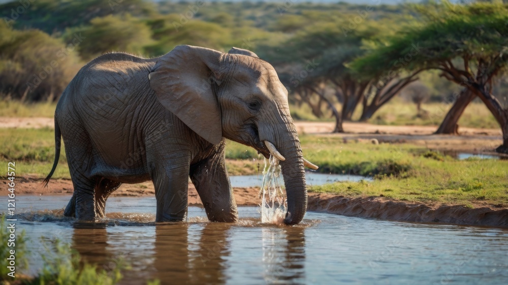 Obraz premium A baby elephant playing with its mother near a watering hole, splashing water and creating a joyful scene. 