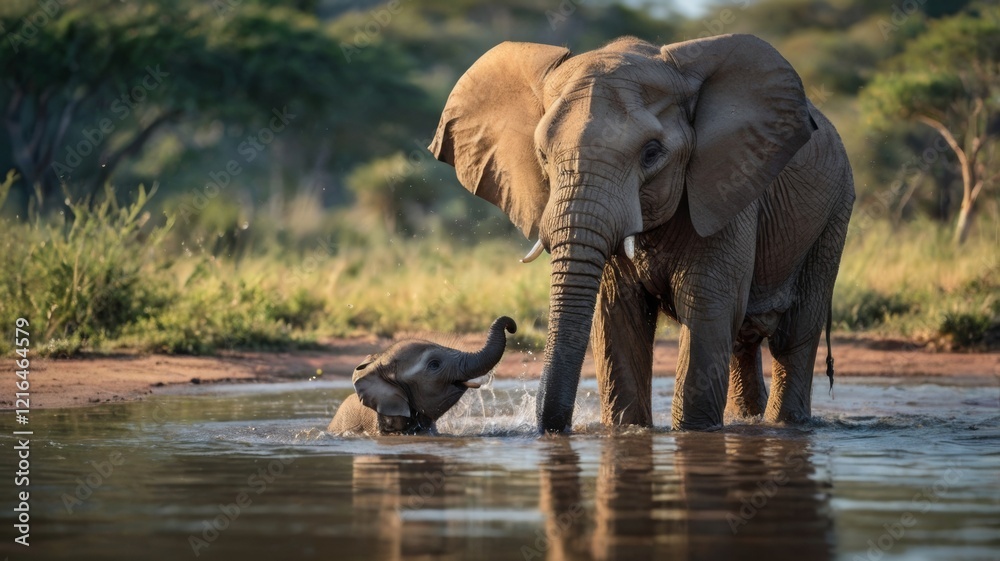 Fototapeta premium A baby elephant playing with its mother near a watering hole, splashing water and creating a joyful scene.