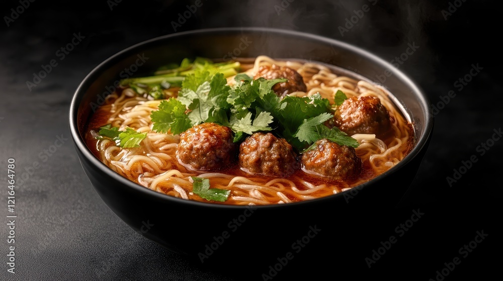 A steaming bowl of noodles topped with meatballs and fresh herbs, served in a dark bowl, showcasing a delicious and hearty meal. A steaming bowl of noodles topped with meatballs and fresh herbs, served in a dark bowl, showcasing a delicious and hearty meal.