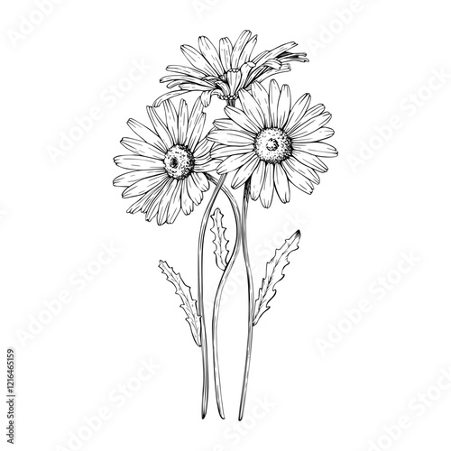 Bouquet of blooming wildflower daisy. Hand drawn vector illustration. Contour drawing. Sketch painted by black inks. Black line on white isolated background. For clip art greeting card logo package