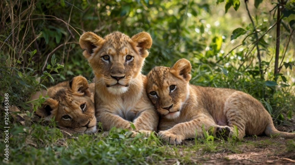 A heartwarming image of lion cubs lounging together in the shade, exuding a sense of comfort and safety. A heartwarming image of lion cubs lounging together in the shade, exuding a sense of comfort and safety.