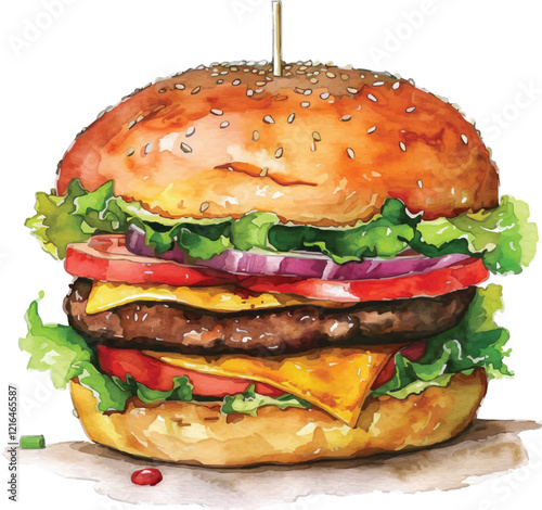 hamburger in watercolor illustration style on white background,generative ai