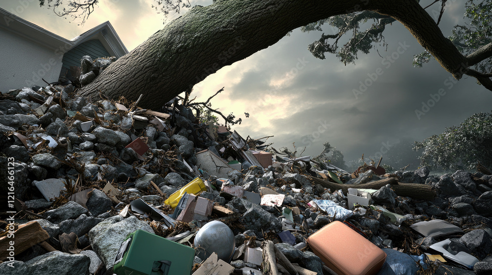 Obraz premium A fallen tree crushing a house under a stormy sky, symbolizing personal loss and the impact of hurricanes.