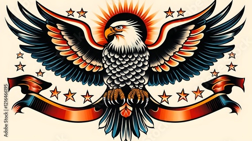 Majestic American Eagle Tattoo Design with Old School Tattoo Flash Elements Capturing the Essence of Freedom and Strength on an Authentic Patriotic Background