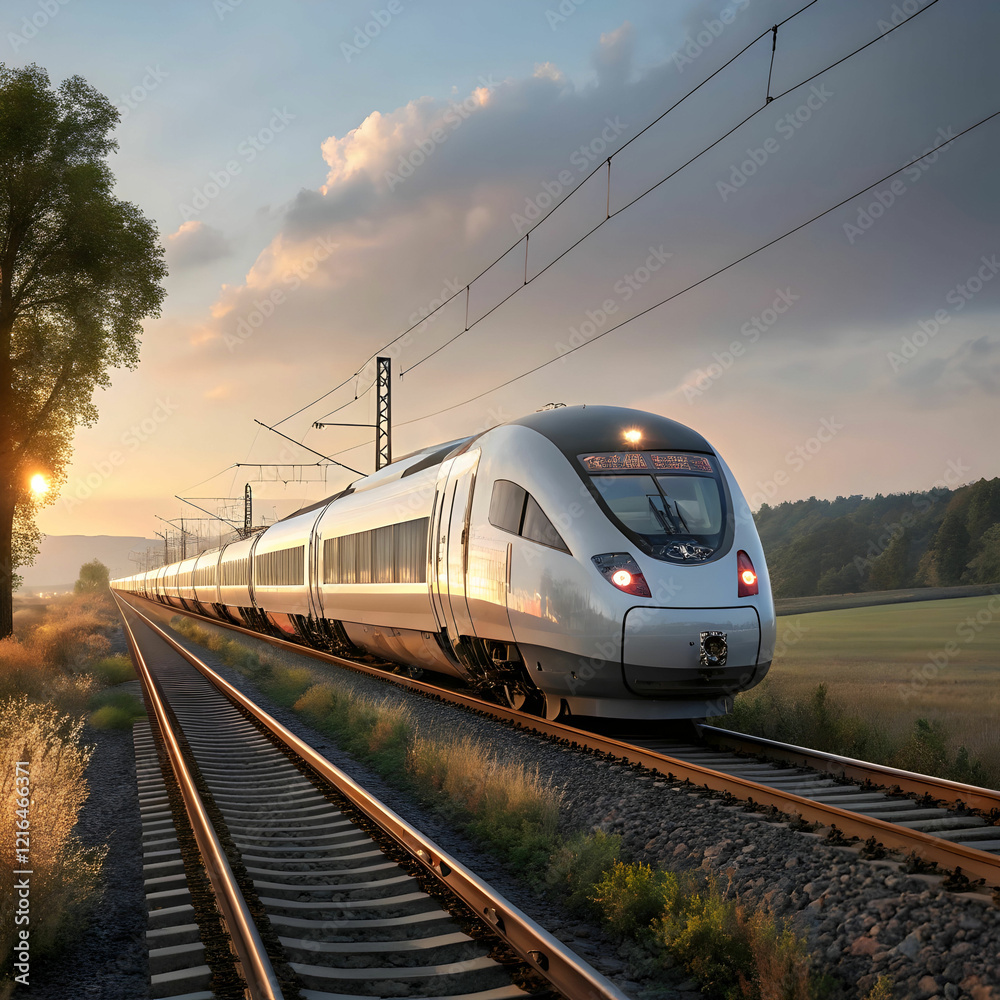 Fototapeta premium A high-speed, realistic modern train locomotive, designed for efficiency and comfort