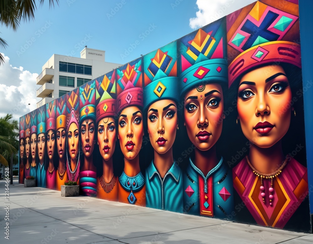 Naklejka premium Colorful mural in Miami diverse female figures. Art Wynwood displays vibrant wall art. Large-scale portrait painting. Building exterior modern urban art. Daytime scene. Stunning street art in city