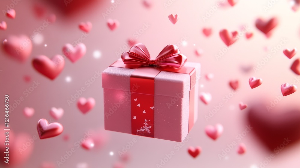 62.A 3D-rendered gift box in soft pink tones with a shiny red bow, surrounded by floating heart-shaped elements, creating a romantic and festive Valentine design. 62.A 3D-rendered gift box in soft pink tones with a shiny red bow, surrounded by floating heart-shaped elements, creating a romantic and festive Valentine design.