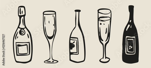 Party cheers drinks hand drawn in whimsical retro vintage line art style. Ideal for wedding invitation, menu design print collection.