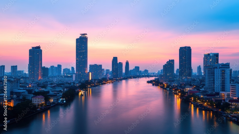 A stunning cityscape at sunset, showcasing modern skyscrapers along a river with vibrant colors reflecting on the water. A stunning cityscape at sunset, showcasing modern skyscrapers along a river with vibrant colors reflecting on the water.