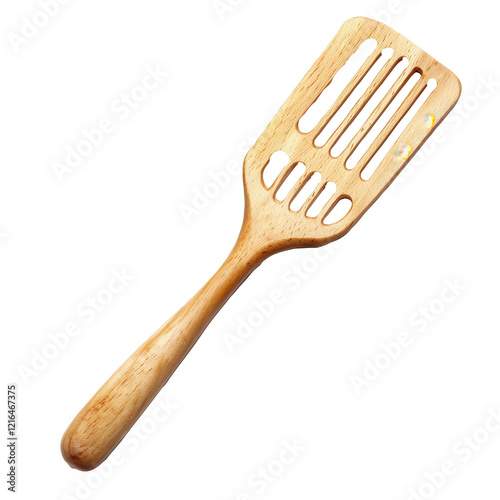 Wooden slotted spatula on white background