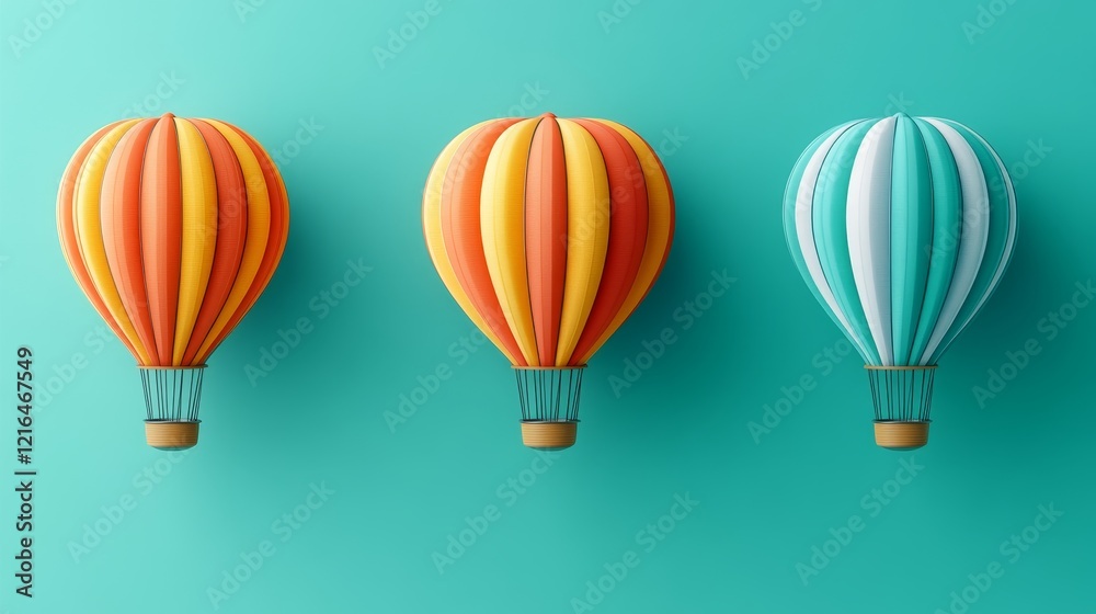Obraz premium Three Colorful Miniature Hot Air Balloons Arranged on a Teal Background