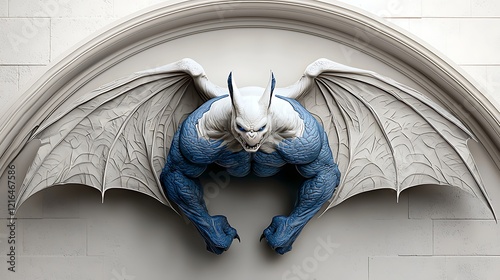 Blue demonic bat sculpture on arched wall, fantasy art photo