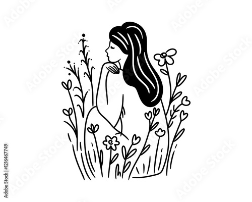 Minimalistic black and white line art of woman sitting among wildflowers. Elegant and peaceful botanical illustration, ideal for wall art, tattoo designs, and nature-inspired decor. Doodle line art.