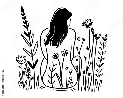 Minimalistic black and white line art of woman sitting among wildflowers. Elegant and peaceful botanical illustration, ideal for wall art, tattoo designs, and nature-inspired decor. Doodle line art.