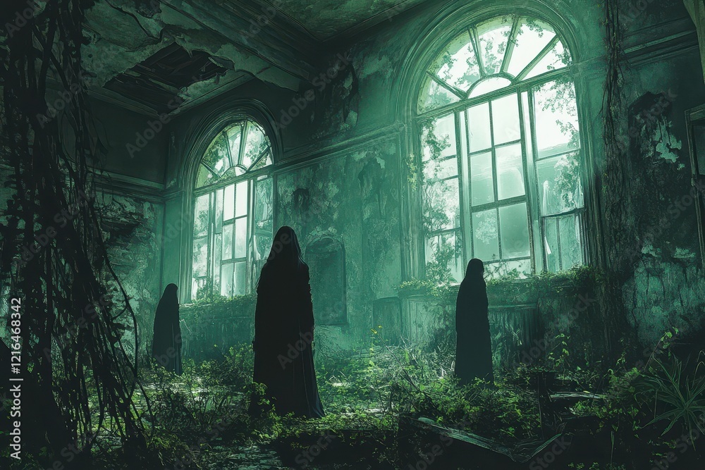 Figures in Overgrown Ruined Mansion Hall Figures in Overgrown Ruined Mansion Hall
