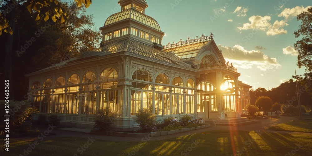 Fototapeta premium white metal victorian glass house at sunset