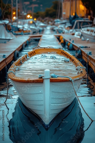 Boat anchored in serene marina at twilight with reflections on calm water photo