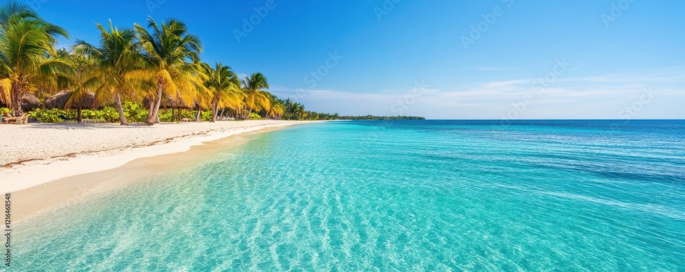 Fototapeta premium A serene beach scene with clear turquoise waters, palm trees lining the shore, and a bright blue sky, evoking a tropical paradise.