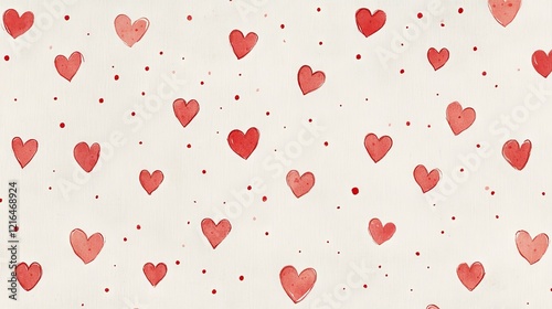 9.A repeating pattern featuring vibrant red hearts in various sizes, paired with tiny red dots, arranged symmetrically on a white canvas for a festive and elegant appearance. photo