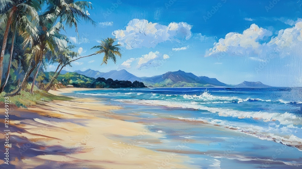 Naklejka premium Serene Tropical Beach Landscape: Palm Trees, Azure Ocean, and Distant Mountains under a Sunny Sky