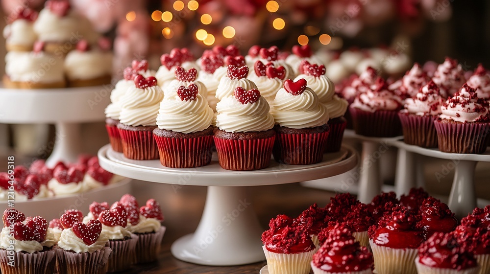 Romantic Valentines Day dessert table featuring red velvet Valentines cupcakes heart shaped cookies and cakes personalized love notes and a backdrop of pink and red garlands Romantic Valentines Day dessert table featuring red velvet Valentines cupcakes heart shaped cookies and cakes personalized love notes and a backdrop of pink and red garlands