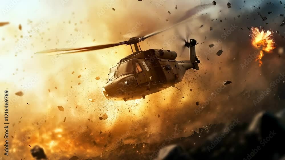 Dramatic Helicopter Flight Amidst Explosive Chaos in Battle Field