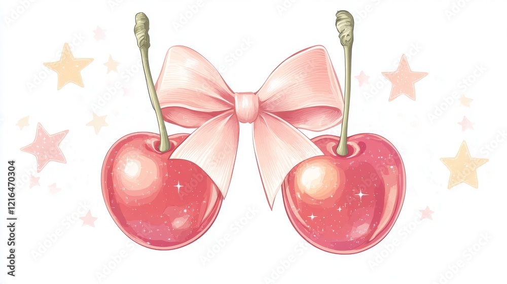 45.A retro-inspired vector design featuring a pair of shiny cherries tied with a delicate pink bow, accented with pastel highlights and surrounded by sparkling stars. 45.A retro-inspired vector design featuring a pair of shiny cherries tied with a delicate pink bow, accented with pastel highlights and surrounded by sparkling stars.