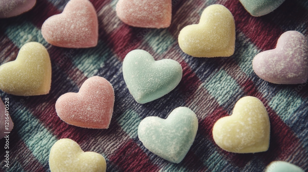 Fototapeta premium 94.A vibrant Valentine's Day composition of pastel-toned candy hearts arranged randomly on a plaid background, featuring soft lighting and sharp details of each sugary texture.