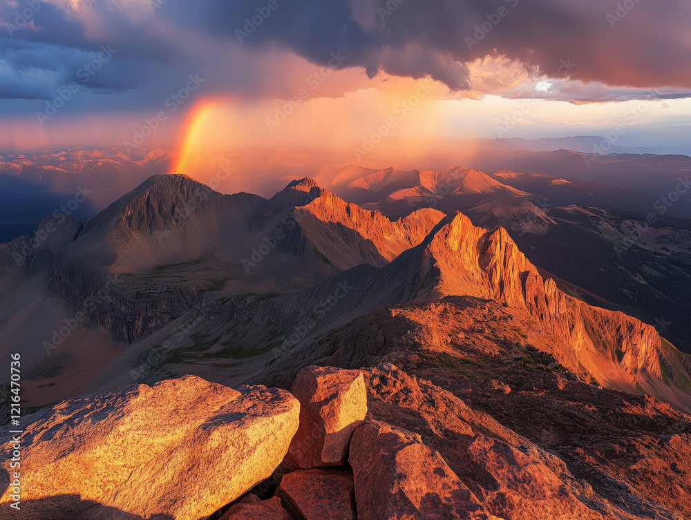 Naklejka premium Majestic Mountain Sunset with Rainbow