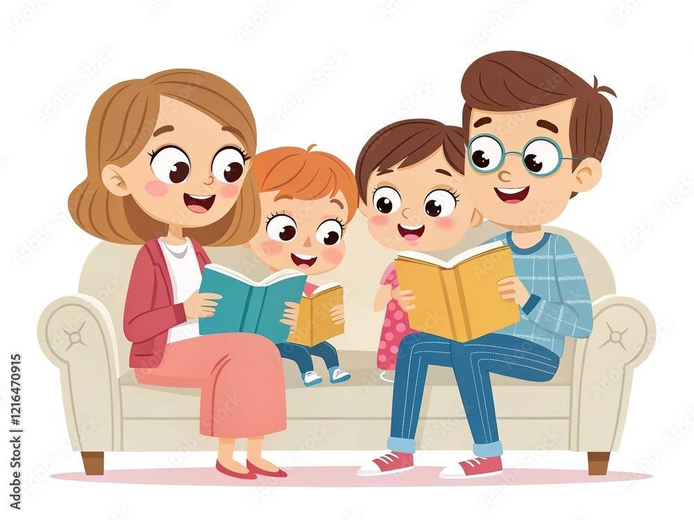 Cute family reading book time isolated on white background Cute family reading book time isolated on white background