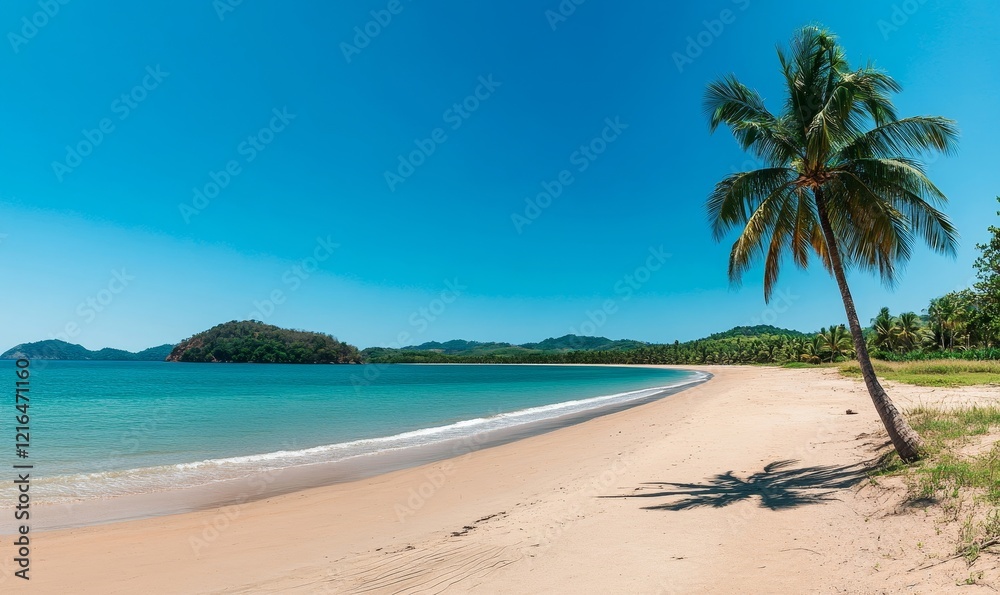 Idyllic Tropical Beach with Palm Tree and Clear Blue Sky, Perfect Travel Getaway and Summer Vacation Destination, Generative AI Idyllic Tropical Beach with Palm Tree and Clear Blue Sky, Perfect Travel Getaway and Summer Vacation Destination, Generative AI