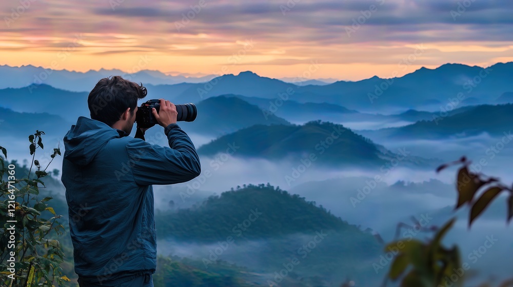 Obraz premium Adventurer Capturing a Misty Mountain Sunrise Photographer Exploring Sunrise Over Foggy Peaks Solo Traveler at Sunrise in a Foggy Mountain Valley Photographer Capturing a Mystical Morning Landscape